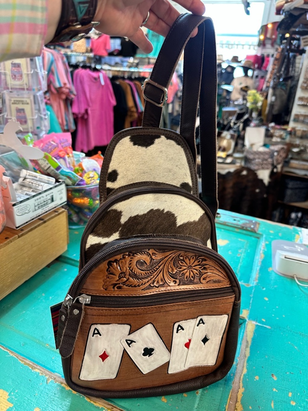 NEW Cowhide & Tooled Leather   Playing Card Sling Crossbody Bag